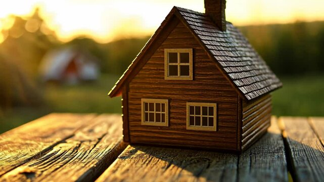Wooden toy house replica placed on a wooden table under sunset lighting in a serene outdoor setting