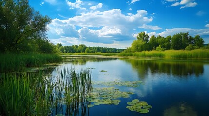 Serene River Landscape with Lush Vegetation. Concept of Nature, Tranquility, and Peace.