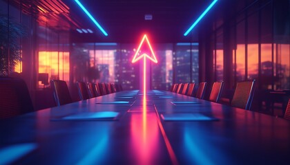 Lines, A Glowing Arrow Graph Pointing Upward Above a Conference Table Symbolizing Growth, Progress, and Business Success for Corporate Meetings and Presentations