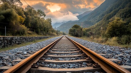 Fototapeta premium Train Tracks Through Mountain Landscape. Concept of Journey, Adventure, and Travel.
