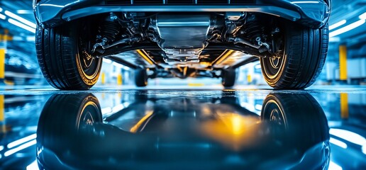 Undercarriage of a car reflected on a shiny floor.