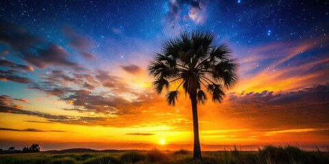 A majestic sabal palm silhouette dominates the Florida night sky, bathed in the fading sunset's golden hues.