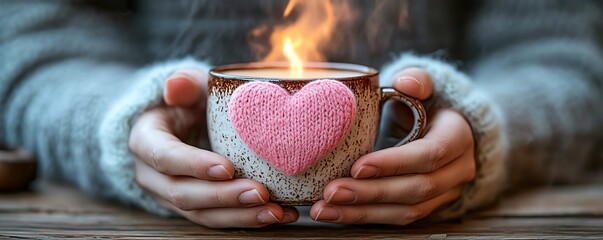 Warm setting with hands holding a pink heart, thank you message visible, coffee cup exuding steam on the side, rustic charm, glowing light, serene and intimate