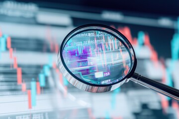 Magnifying glass focuses on computer screen. Detailed market data, trends highlighted. Investment analysis in focus. Financial chart data visible through lens. Sharp lens shows numbers, graphs.