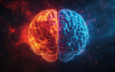 Obraz premium Contrast of digital and human brain halves