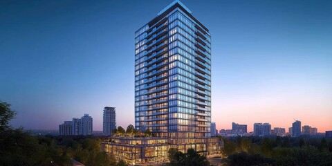 Modern high-rise residential building with glass exterior. Rooftop amenities, stylish design. City view, trees around building. Looks like new construction. Urban setting with buildings in skyline.