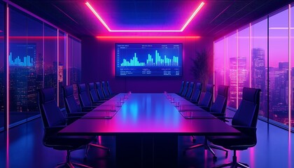Futuristic Boardroom with Neon Lighting, Executive Seating, and City Nightscape Through Floor-to-Ceiling Windows