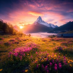 A serene mountain landscape at sunrise, with colorful wildflowers in the foreground and misty clouds hugging the peaks