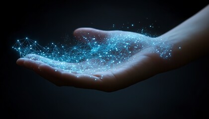 Fototapeta premium A Professional Hand Presenting a Glowing Digital Map of Global Connections with Vibrant Blue and White Light Effects on a Dark Gradient Background Perfect for Technology, Innovation