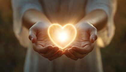 Obraz premium Hands cupping a radiant heart, glowing with love and compassion, peaceful setting with soft hues, gentle lighting, tranquil and serene mood