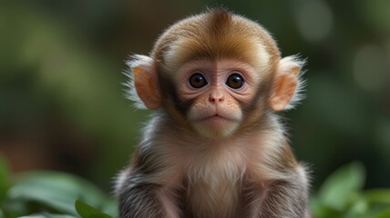 Fototapeta premium Close-up of a baby monkey, looking directly at the camera, with a soft, focused expression.?Its fur is a light brown, and its large, expressive eyes are a dark brown.