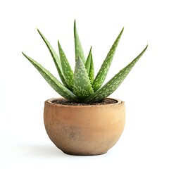 single aloe plant in a round pot isolated on white background