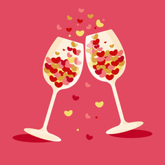 two glasses with hearts on pink background.  Vector illustration.