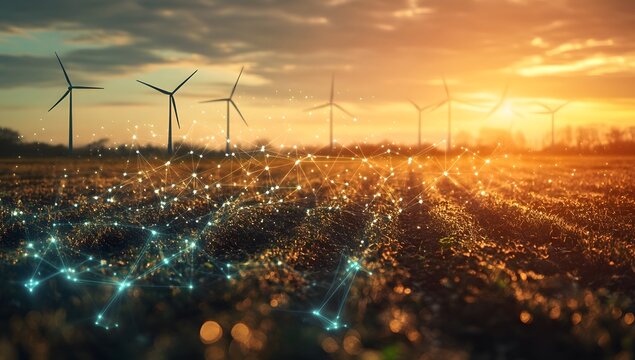 Smart agriculture technology and renewable energy concept with wind turbines and digital data