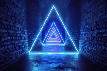Abstract dark background with brick wall and neon light. Neon blue rays. Dark tunnel with neon blue light, abstract pyramid, light triangle.