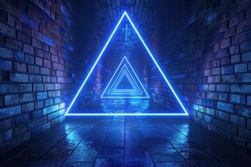 Abstract dark background with brick wall and neon light. Neon blue rays. Dark tunnel with neon blue light, abstract pyramid, light triangle.