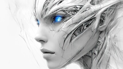 Fototapeta premium Close-up profile of a stylized female cyborg with glowing blue eyes, intricate mechanical details, and a serene expression against a white background.