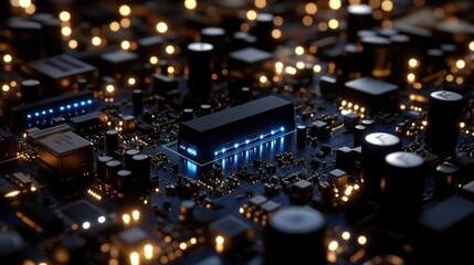Obraz premium Close-up view of intricate circuit board with glowing components.
