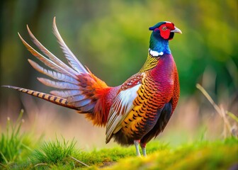 Fototapeta premium A pheasant's mating ritual unfolds, a springtime ballet captured in bokeh-blurred detail.