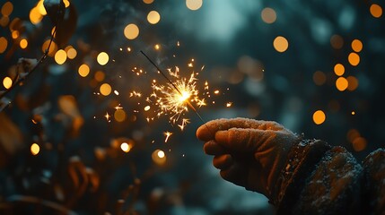 Sparkler celebration forest night glowing lights close-up joy