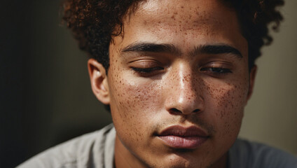 Obraz premium Freckles on a Mixed Race Man: A Portrait of Unique Beauty