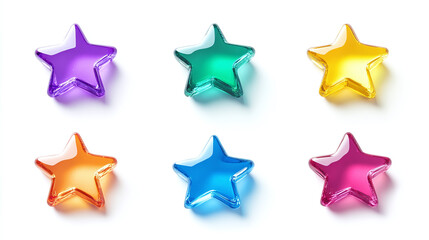Obraz premium Set of colorful shiny glossy star shape isolated on white background. decoration graphic design element, childish geometric icon art, kid, creative, green, blue, yellow, orange, purple, red.