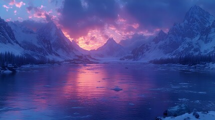 A breathtaking sunset over a snowy mountain landscape, reflecting vibrant pink and purple hues in a serene lake, creating a tranquil and picturesque winter scene.