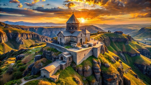 Armenian Gorge's Vanevan Monastery: drone photography captures breathtaking aerial views of its historical ruins near Lake Sevan.