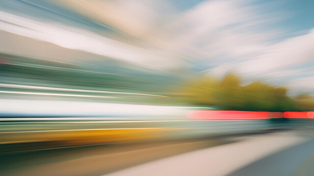 An indistinct sky and ocean, portrayed through a panning technique that results in a soft blur