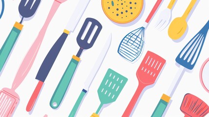 Cooking tools spatula flat vector illustration kit on white background.