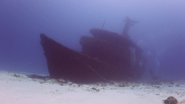 buzos explorando un naufragio en el fondo del mar