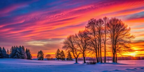 Obraz premium A serene winter scene: low light silhouettes of trees framed by a vibrant pink and orange sunset sky.