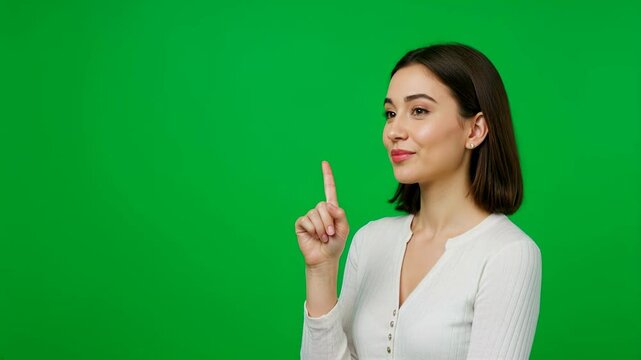 Professional studio setup with bright green chromakey background. Clean, professional white business attire creates striking contrast. 