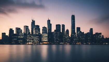 City Skyline at Twilight Glowing Lights Reflecting on Water