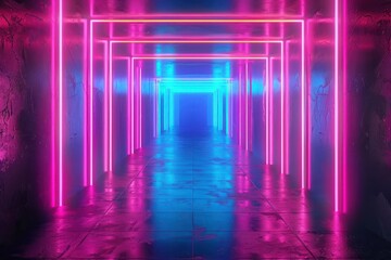 Background wall with neon lines and rays. Background dark corridor with neon light. Abstract background with lines and glow.