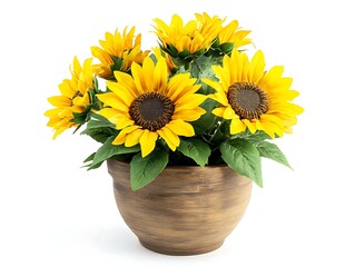 Fototapeta premium bright sunflower plant in a wooden pot isolated on white background