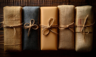 A collection of neatly wrapped gifts in various materials and colors, tied with twine.