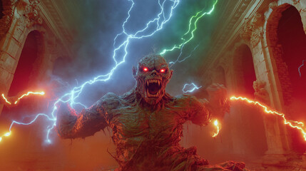 Retro 80s Monster with Classic Lightning Effects in Spooky Setting