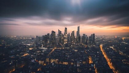 Cityscape at Dusk Showing Skyscrapers and City Lights