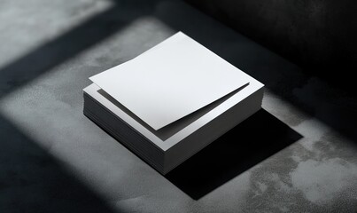 Stack of White Paper Sheets on Shadowed Concrete Surface
