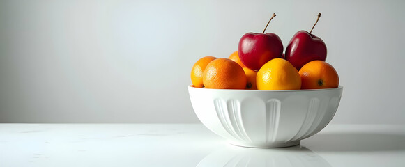 Vibrant oranges and crimson plums rest in a pristine white bowl, a simple yet elegant still life composition.