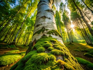Fototapeta premium Majestic Birch Tree Moss Forest Photography, Rule of Thirds, Nature Image, Green Moss, White Birch Bark, Woodland Scene, Forest Background