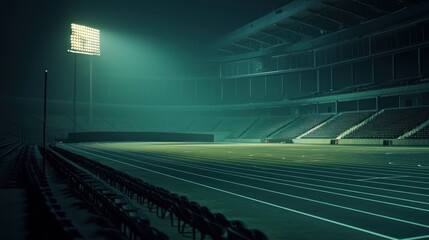 Obraz premium Night at the Stadium: A Solitary Spotlight Illuminates Empty Bleachers and Track