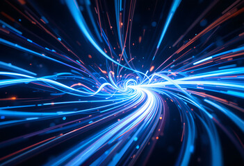 Twisting light trails with perspective effects, energetic abstract background design.