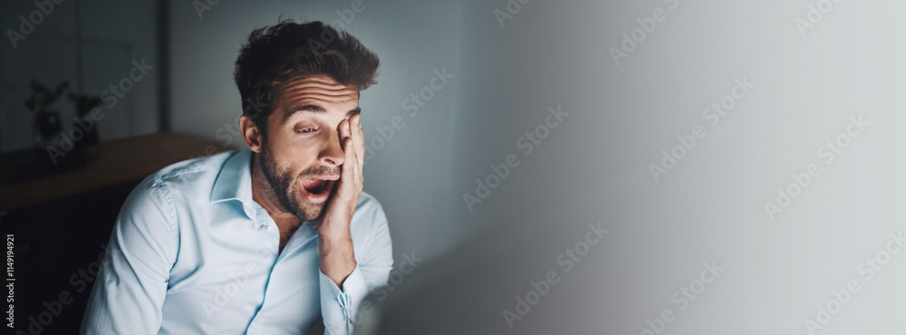 Poster business, computer and man with yawn in office for trading deadline, overworked or sleepy on mockup 