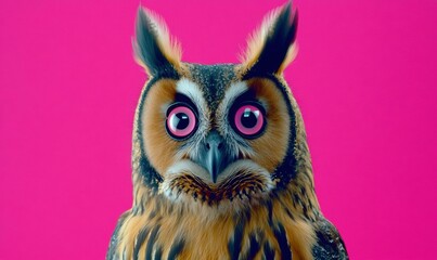 Obraz premium Owl with bright pink eyes. AI.