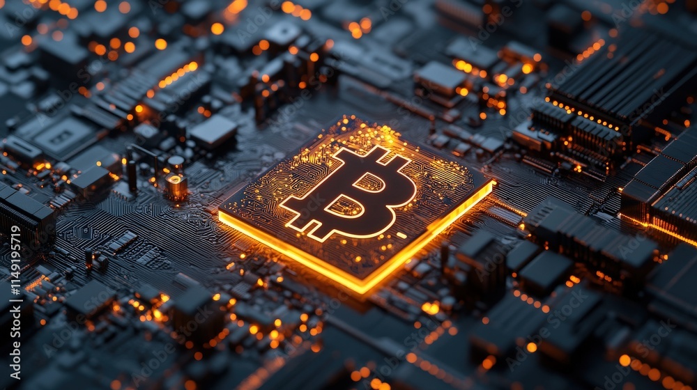 Aufkleber abstract close-up of bitcoin symbol illuminated on a circuit board, showcasing technological innovat