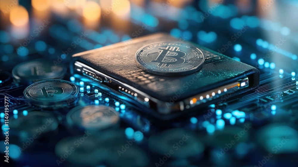 Poster Detailed Close-Up of a Cryptocurrency Wallet with Bitcoin Coins on a Digital Matrix Background Showcasing the Future of Finance and Blockchain Technology