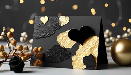 Valentines day card design creative studio greeting card elegant black and gold theme close-up view romantic concept for valentine's celebrations