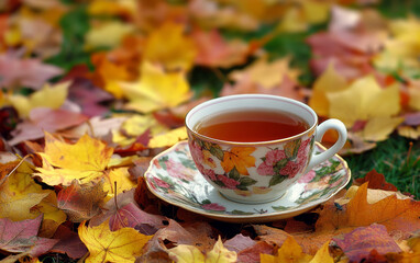 cup of tea and autumn leaves